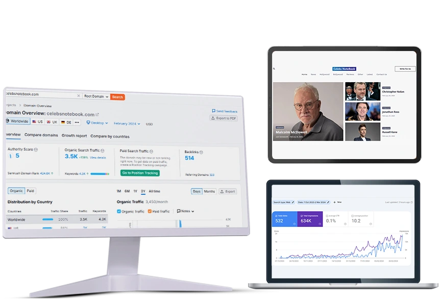 Celebs Notebook's Website Mockup in Tablet Screen with SEO Dashboards in Laptop and monitor screens By Techoboll